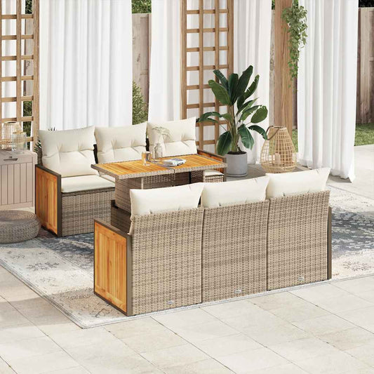 7-tlg. Garten-Sofagarnitur mit Kissen Beige Poly Rattan Akazie