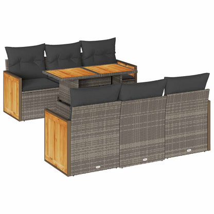 7-tlg. Garten-Sofagarnitur mit Kissen Grau Poly Rattan Akazie
