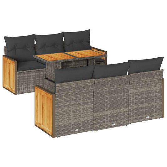 7-tlg. Garten-Sofagarnitur mit Kissen Grau Poly Rattan Akazie