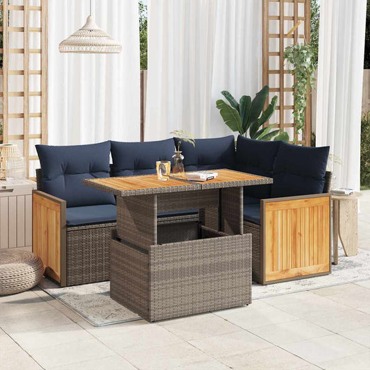 5-tlg. Garten-Sofagarnitur mit Kissen Grau Poly Rattan Akazie