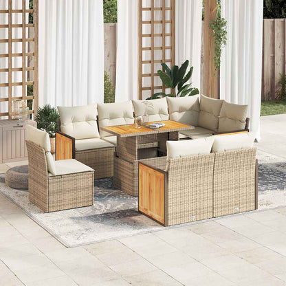 9-tlg. Garten-Sofagarnitur mit Kissen Beige Poly Rattan Akazie