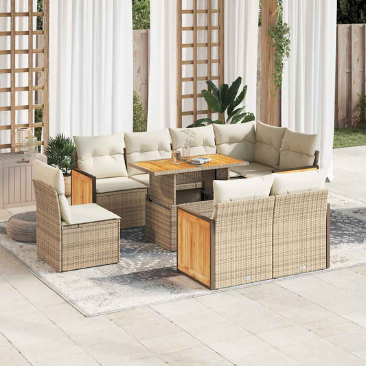9-tlg. Garten-Sofagarnitur mit Kissen Beige Poly Rattan Akazie