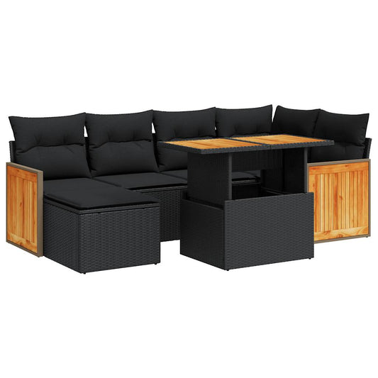 7-tlg. Garten-Sofagarnitur mit Kissen Schwarz Poly Rattan