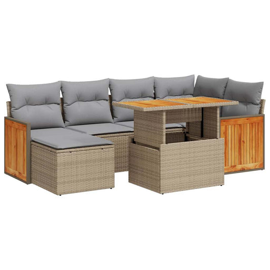 7-tlg. Garten-Sofagarnitur mit Kissen Beige Poly Rattan Akazie