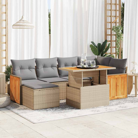 7-tlg. Garten-Sofagarnitur mit Kissen Beige Poly Rattan Akazie