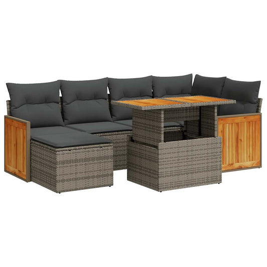7-tlg. Garten-Sofagarnitur mit Kissen Grau Poly Rattan Akazie