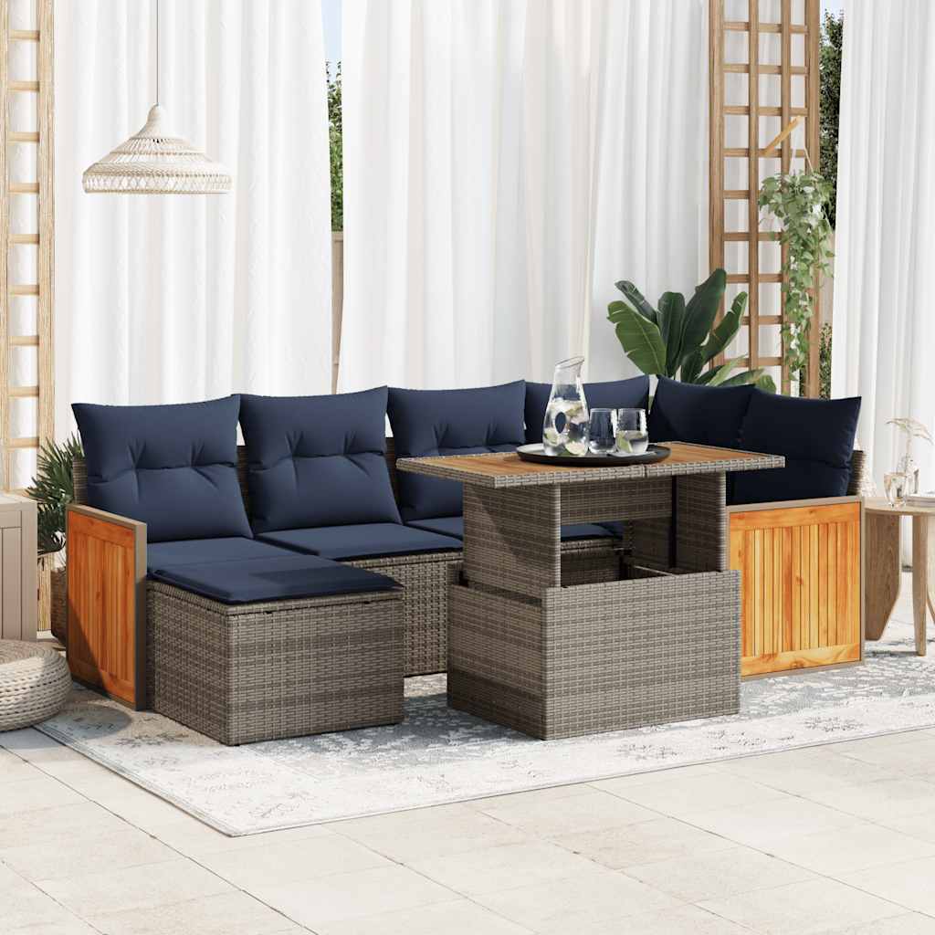 7-tlg. Garten-Sofagarnitur mit Kissen Schwarz Poly Rattan