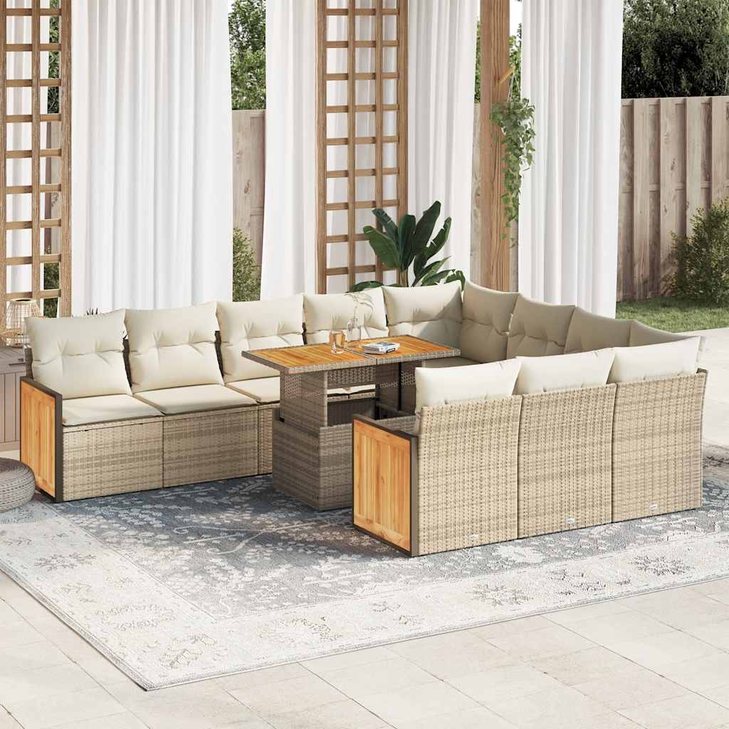 11-tlg. Garten-Sofagarnitur mit Kissen Beige Poly Rattan Akazie