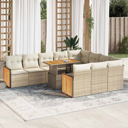 11-tlg. Garten-Sofagarnitur mit Kissen Beige Poly Rattan Akazie