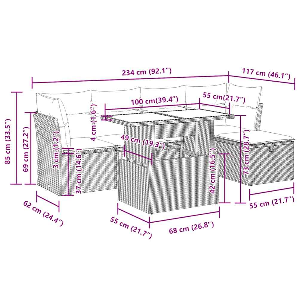 6-tlg. Garten-Sofagarnitur mit Kissen Schwarz Poly Rattan