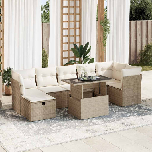 8-tlg. Garten-Sofagarnitur mit Kissen Beige Poly Rattan