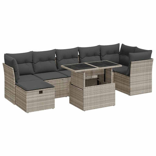 8-tlg. Garten-Sofagarnitur mit Kissen Hellgrau Poly Rattan