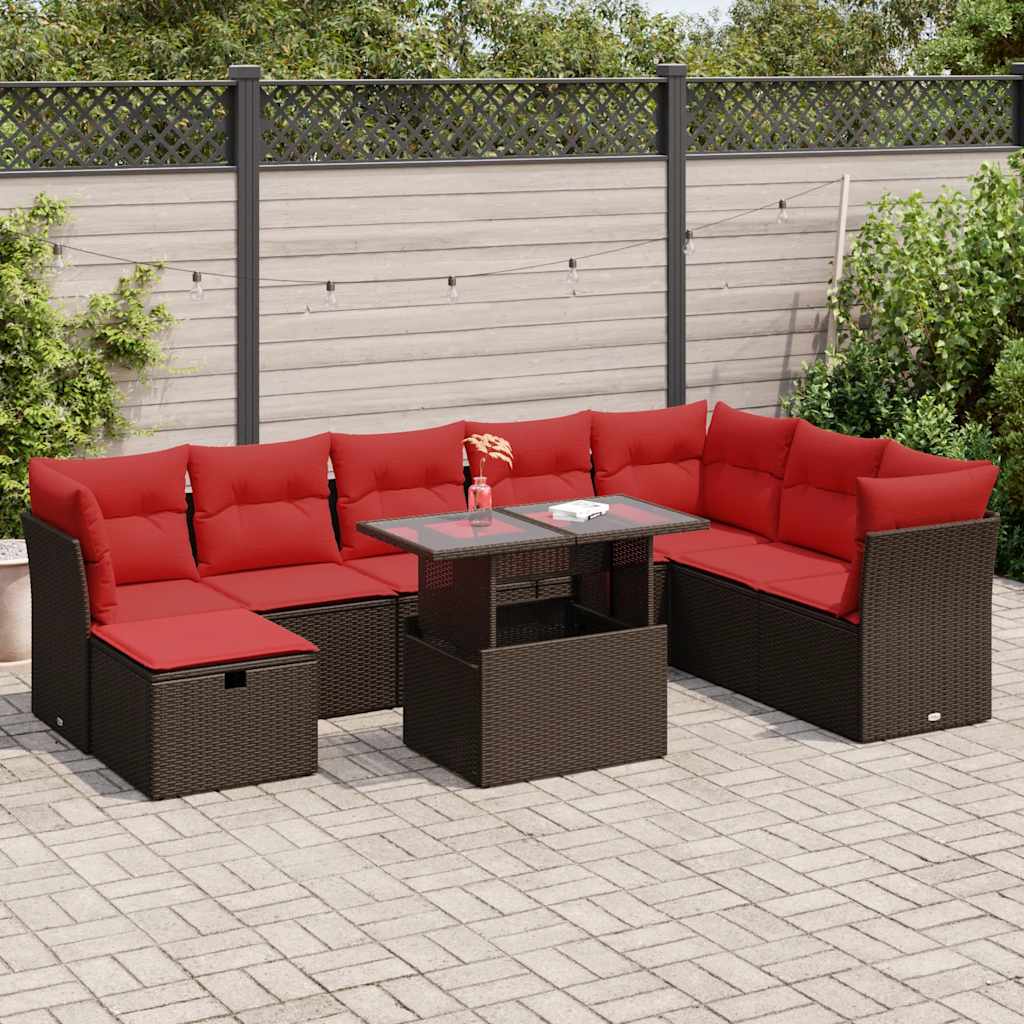 9-tlg. Garten-Sofagarnitur mit Kissen Braun Poly Rattan Akazie