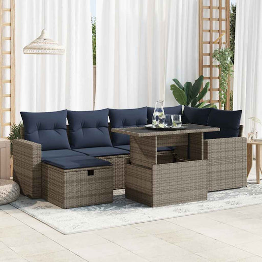 7-tlg. Garten-Sofagarnitur mit Kissen Grau Poly Rattan Akazie