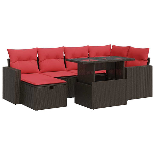 7-tlg. Garten-Sofagarnitur mit Kissen Braun Poly Rattan