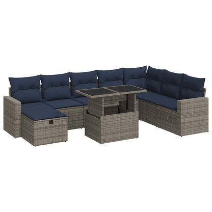 9-tlg. Garten-Sofagarnitur mit Kissen Grau Poly Rattan