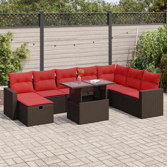 9-tlg. Garten-Sofagarnitur mit Kissen Braun Poly Rattan