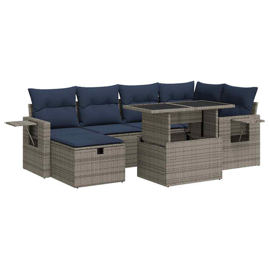 7-tlg. Garten-Sofagarnitur mit Kissen Grau Poly Rattan Akazie