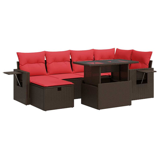 7-tlg. Garten-Sofagarnitur mit Kissen Braun Poly Rattan
