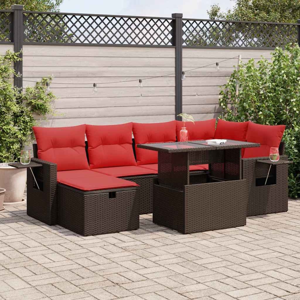 7-tlg. Garten-Sofagarnitur mit Kissen Braun Poly Rattan