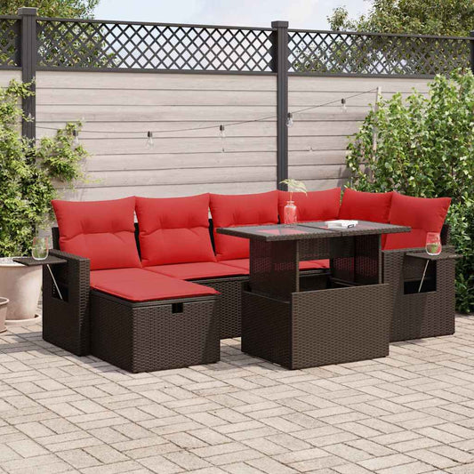 7-tlg. Garten-Sofagarnitur mit Kissen Braun Poly Rattan