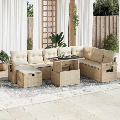 9-tlg. Garten-Sofagarnitur mit Kissen Beige Poly Rattan