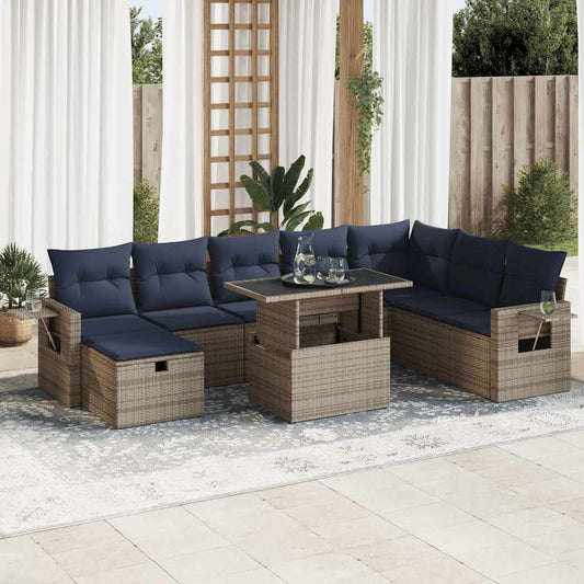 9-tlg. Garten-Sofagarnitur mit Kissen Grau Poly Rattan Akazie