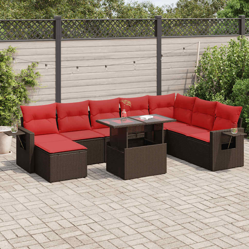 9-tlg. Garten-Sofagarnitur mit Kissen Braun Poly Rattan