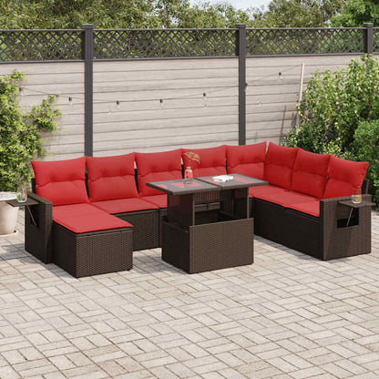 9-tlg. Garten-Sofagarnitur mit Kissen Braun Poly Rattan