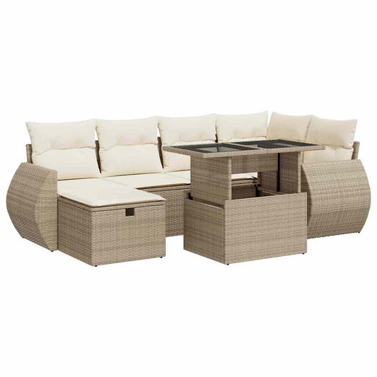 7-tlg. Garten-Sofagarnitur mit Kissen Beige Poly Rattan