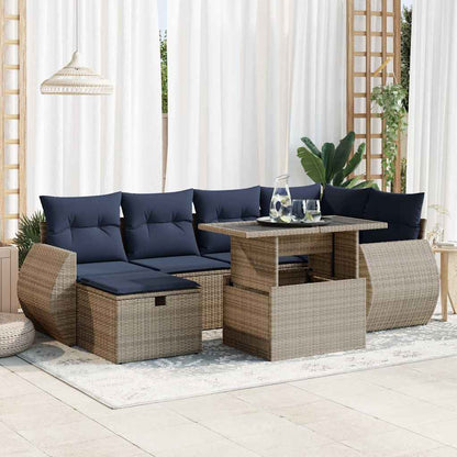 7-tlg. Garten-Sofagarnitur mit Kissen Grau Poly Rattan Akazie
