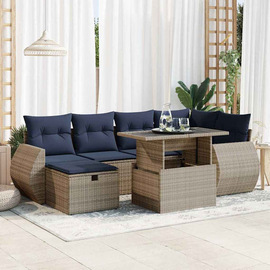 7-tlg. Garten-Sofagarnitur mit Kissen Grau Poly Rattan Akazie