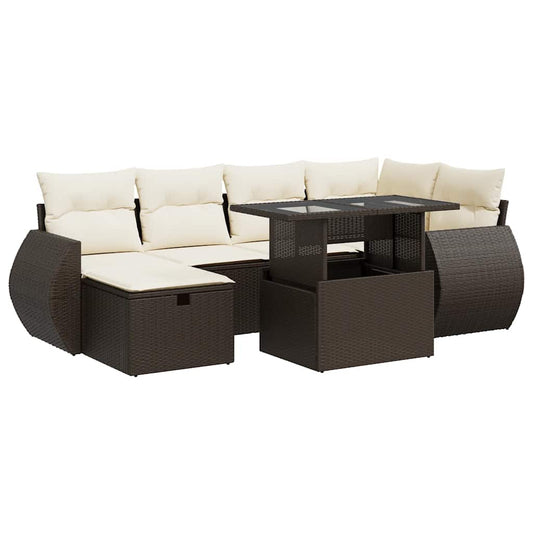 7-tlg. Garten-Sofagarnitur mit Kissen Braun Poly Rattan