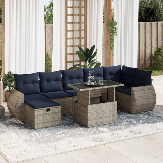 8-tlg. Garten-Sofagarnitur mit Kissen Grau Poly Rattan Akazie