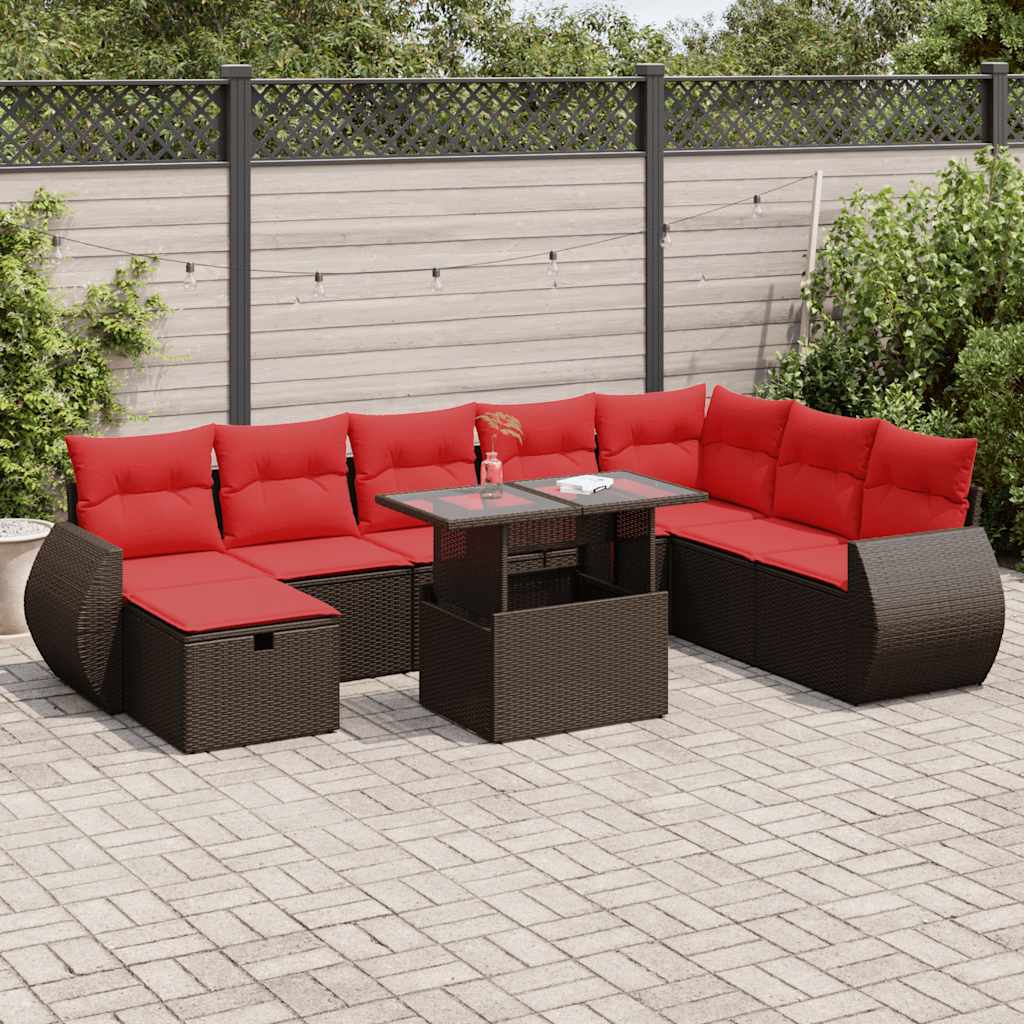 9-tlg. Garten-Sofagarnitur mit Kissen Schwarz Poly Rattan