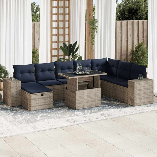 9-tlg. Garten-Sofagarnitur mit Kissen Braun Poly Rattan Akazie
