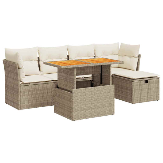 6-tlg. Garten-Sofagarnitur mit Kissen Beige Poly Rattan Akazie