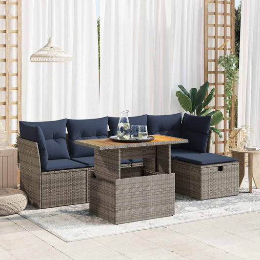 6-tlg. Garten-Sofagarnitur mit Kissen Grau Poly Rattan Akazie