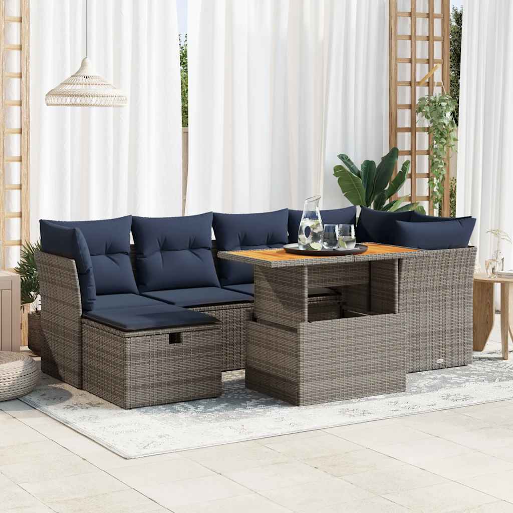 7-tlg. Garten-Sofagarnitur mit Kissen Schwarz Poly Rattan