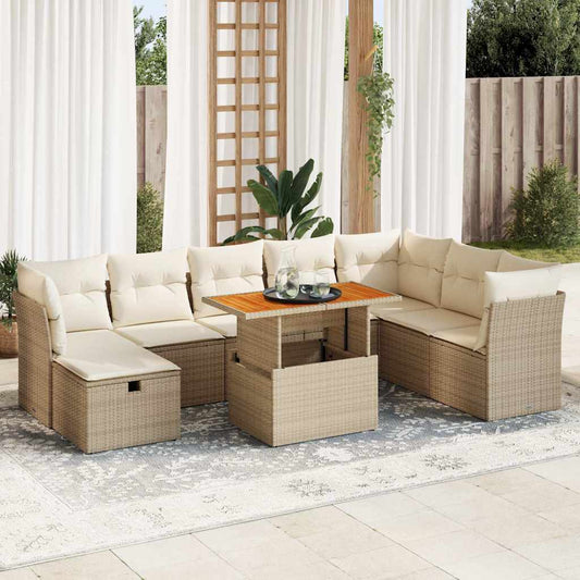 9-tlg. Garten-Sofagarnitur mit Kissen Beige Poly Rattan Akazie