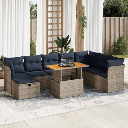 9-tlg. Garten-Sofagarnitur mit Kissen Braun Poly Rattan Akazie