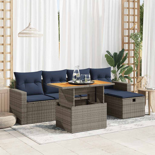 6-tlg. Garten-Sofagarnitur mit Kissen Grau Poly Rattan Akazie