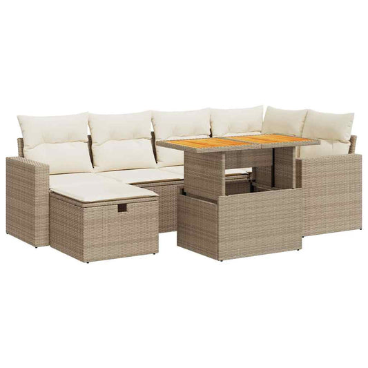 8-tlg. Garten-Sofagarnitur mit Kissen Beige Poly Rattan Akazie