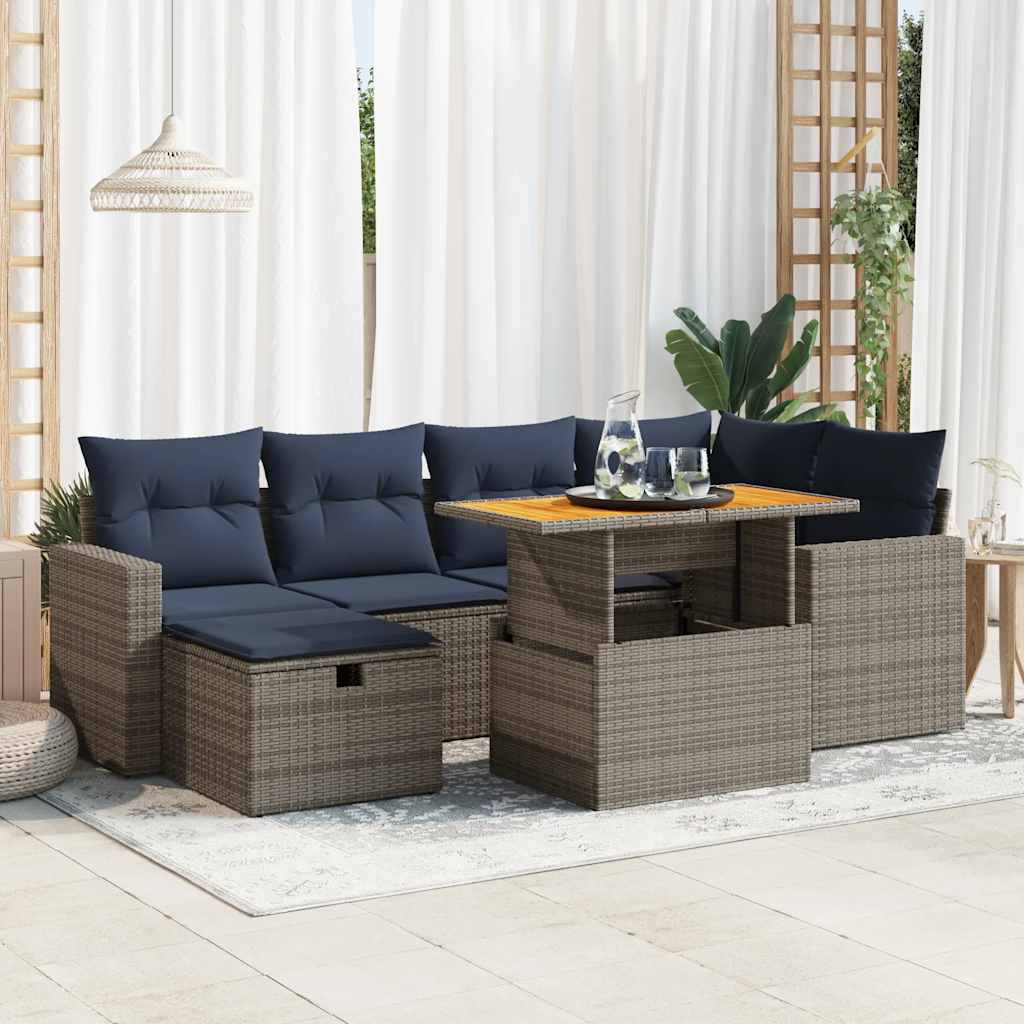 7-tlg. Garten-Sofagarnitur mit Kissen Schwarz Poly Rattan