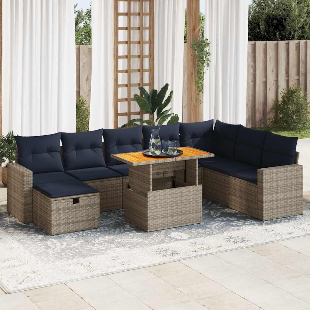 9-tlg. Garten-Sofagarnitur mit Kissen Grau Poly Rattan Akazie