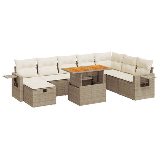 9-tlg. Garten-Sofagarnitur mit Kissen Beige Poly Rattan Akazie