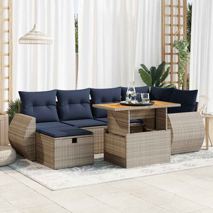 7-tlg. Garten-Sofagarnitur mit Kissen Braun Poly Rattan Akazie