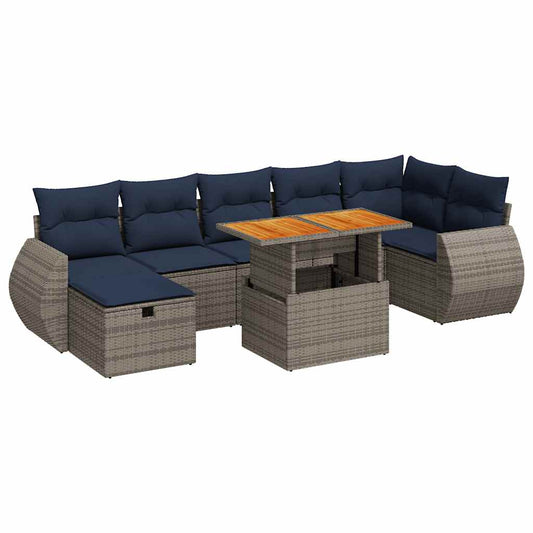 8-tlg. Garten-Sofagarnitur mit Kissen Grau Poly Rattan Akazie