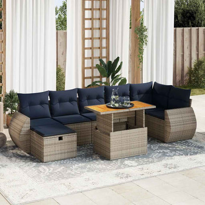 8-tlg. Garten-Sofagarnitur mit Kissen Grau Poly Rattan Akazie