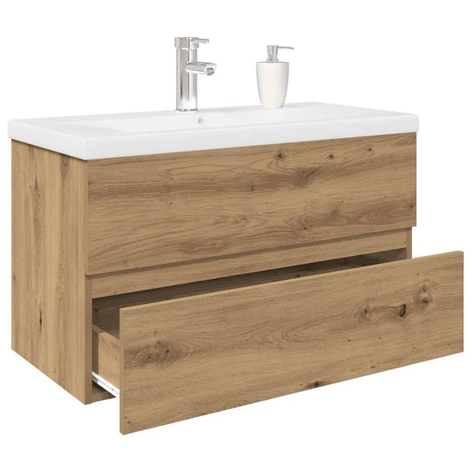 Waschbeckenunterschrank mit Einbaubecken und Wasserhahn